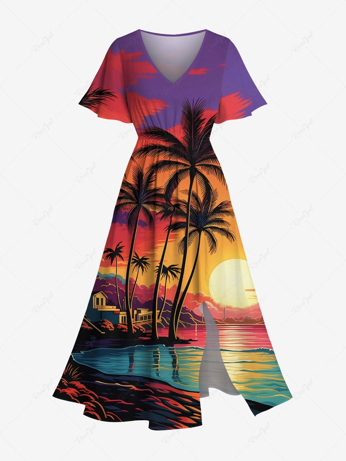 Outfits Plus Size Coconut Tree Sun Seascape Colorful Cloud Print Split Hawaii Midi Dress  