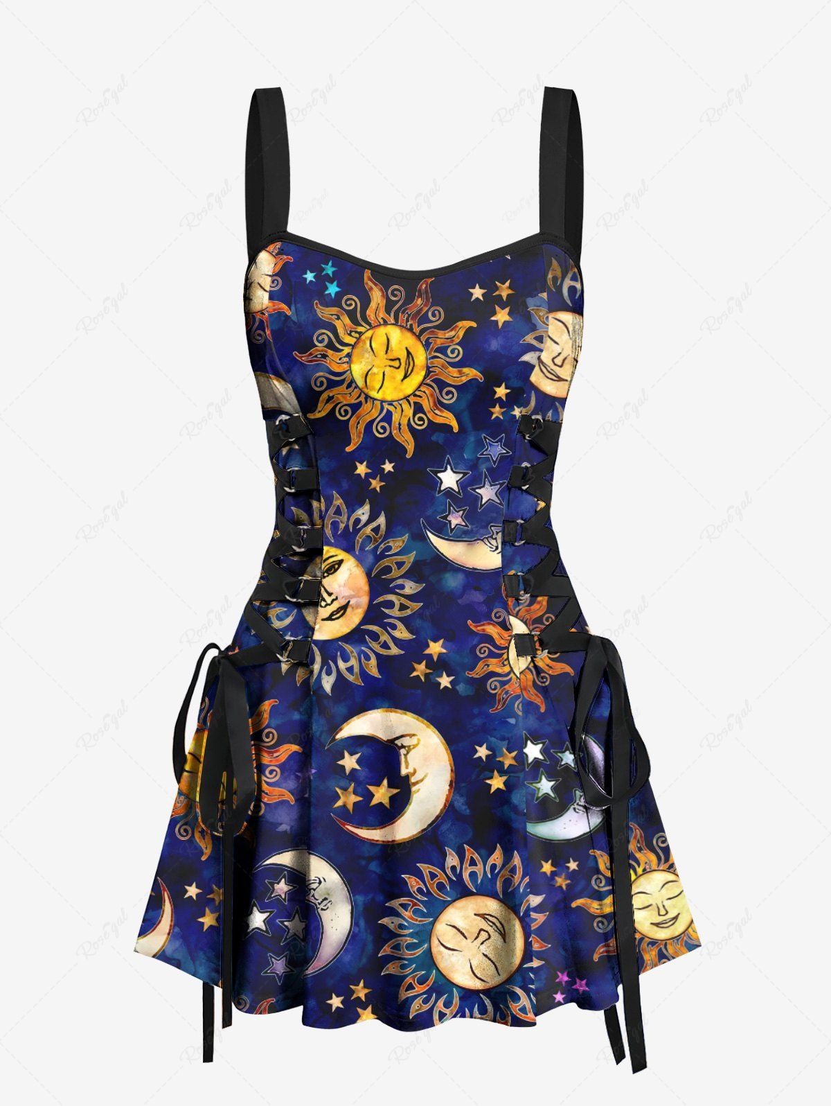 Robe débardeur hawaïenne à lacets, motif galaxie, soleil, lune et étoiles Bleu profond XXXL