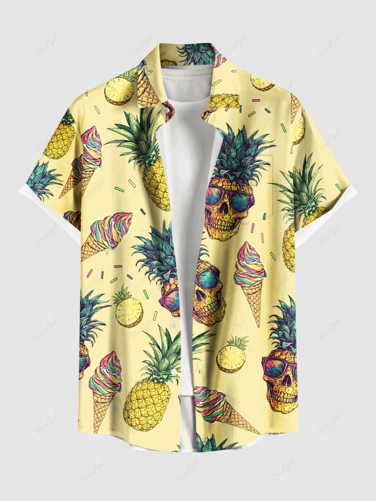 Chemise hawaïenne grande taille à imprimé tête de mort, ananas et glace pour homme Jaune 5XL