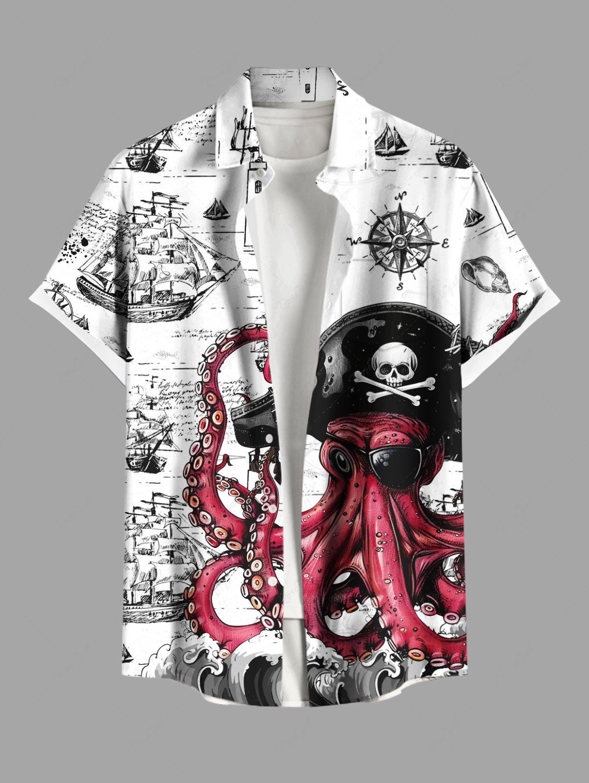 Chemise grande taille à boutons et poches pour homme, motif tête de mort, pieuvre, pirate, voilier, croisière hawaïenne Blanc XL