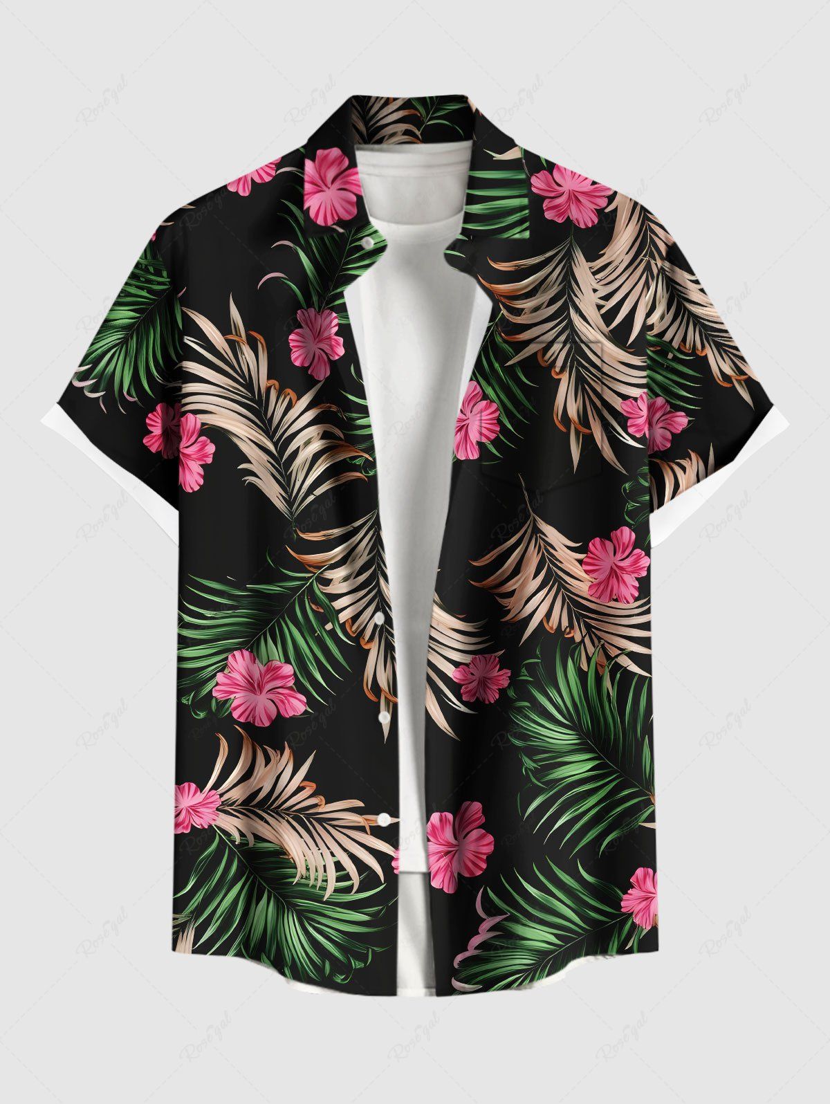 Chemise hawaïenne grande taille à imprimé floral et feuilles tropicales pour homme Noir 5XL