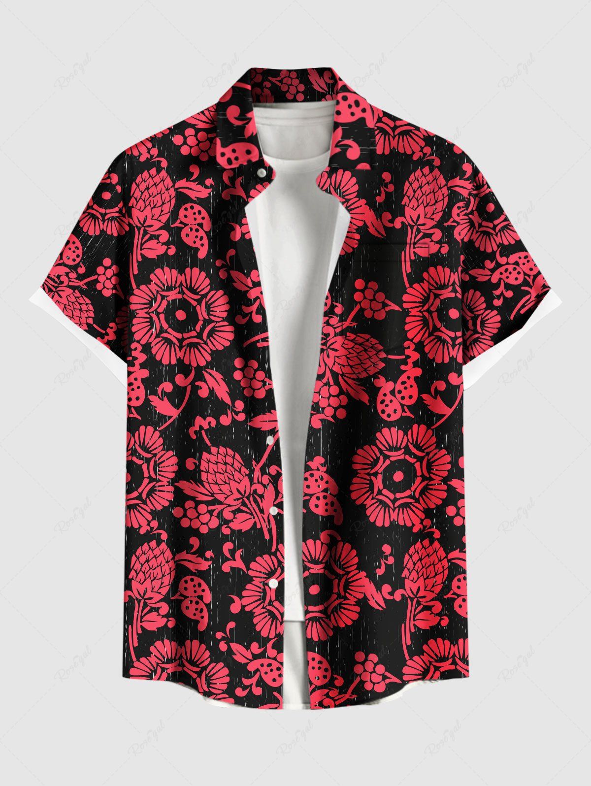 Chemise hawaïenne grande taille à imprimé floral et pommes de pin pour homme Rouge 3XL