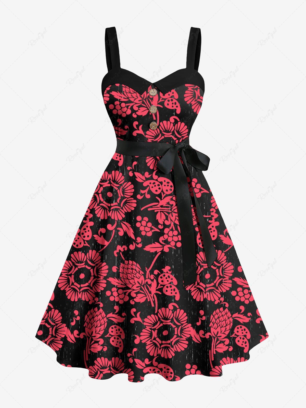 Buy Plus Size Floral Pine Cones Print Hawaii Button A Line Tank Dress with Removable Belt  