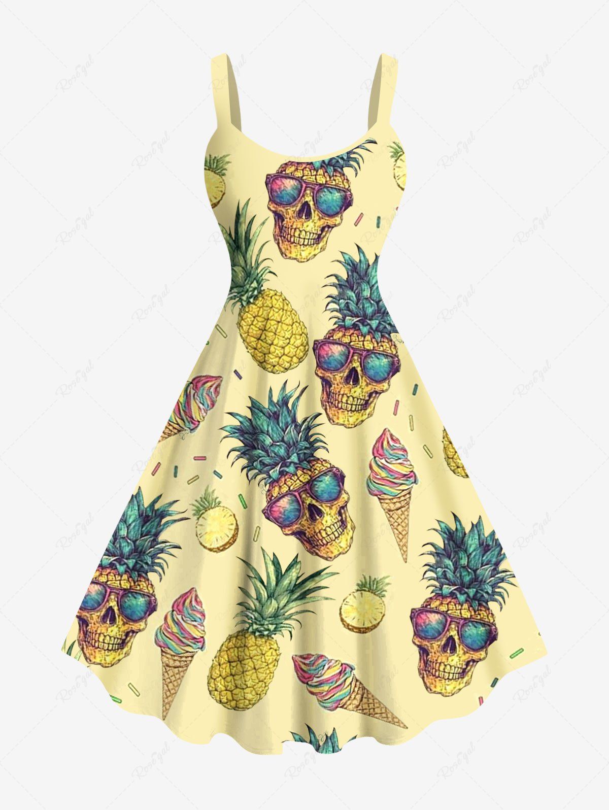 Unique Plus Size Skull Pineapple Ice Cream Print Hawaii A Line Tank Dress  