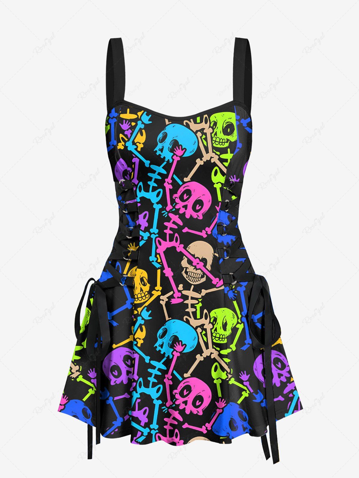 Outfit Colorful Skeleton Print Hawaii Lace Up A Line Tank Dress  