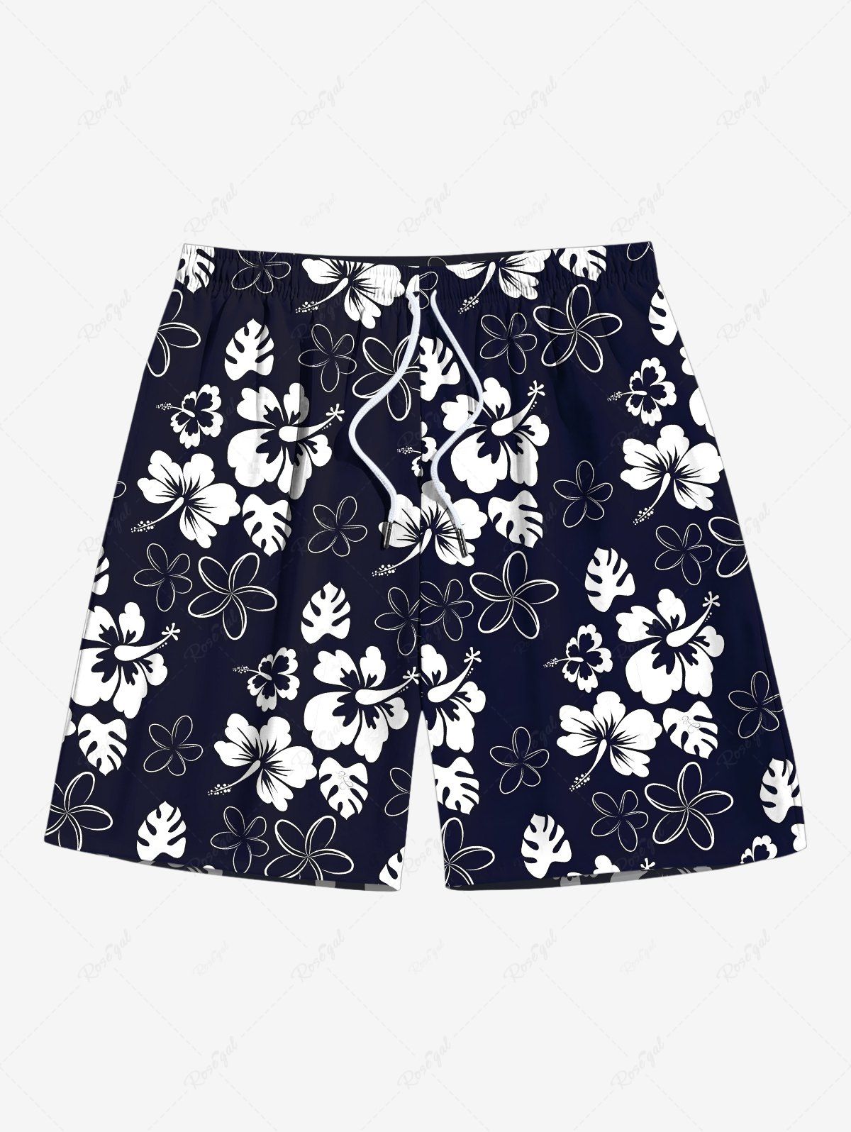 Outfits Plus Size Hibiscus Flower Print Hawaii Drawstring Beach Shorts For Men  