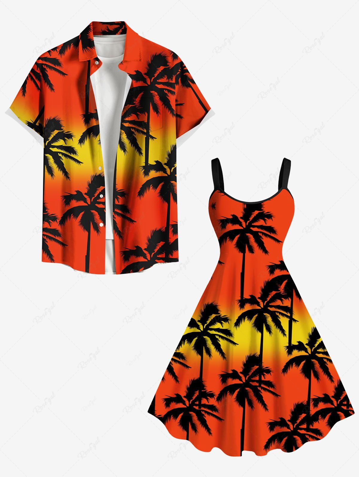 Tenue de plage hawaïenne assortie grande taille à imprimé ombré cocotier pour couples Orange Foncé 