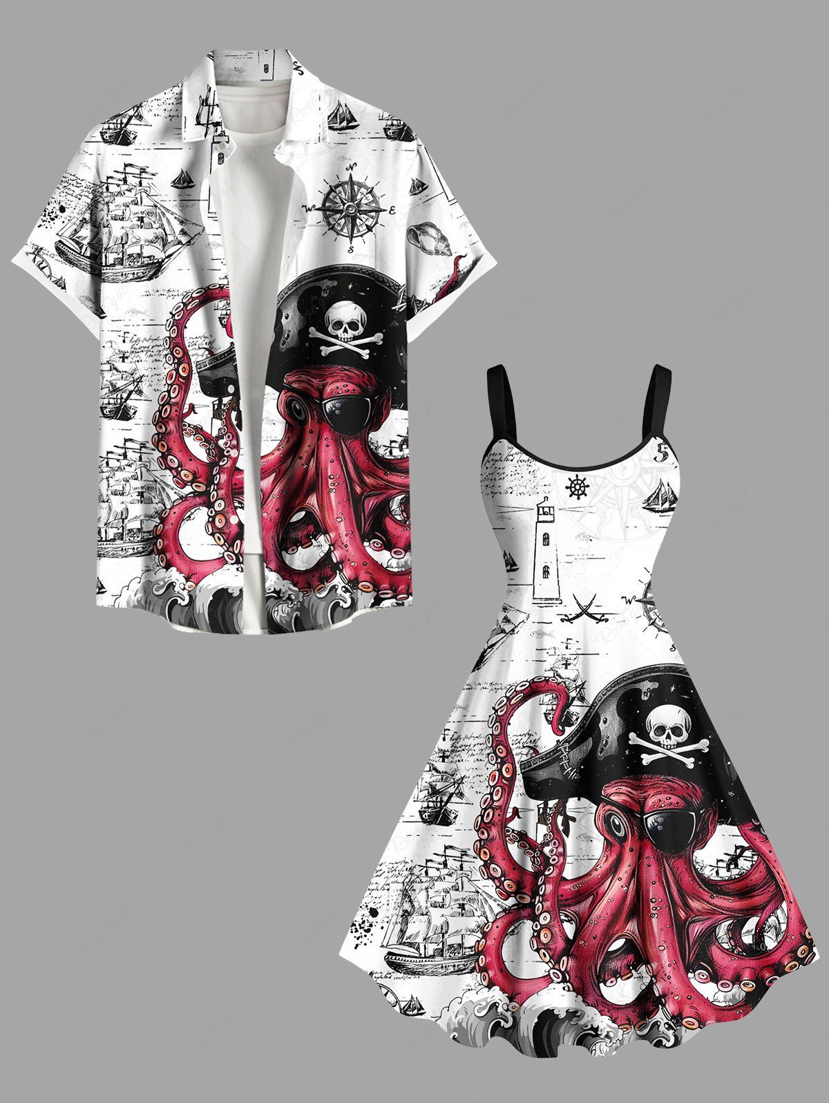 Shops Skull Octopus Pirate Sailboat Print Plus Size Matching Cruise Beach Outfit For Couples  