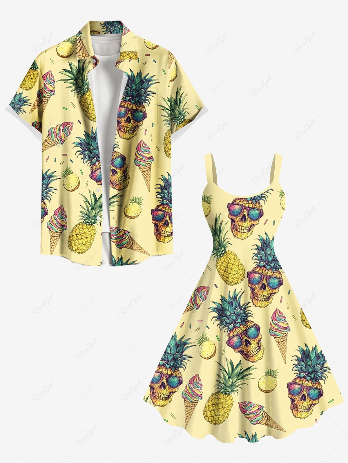 Tenue de plage hawaïenne assortie grande taille à imprimé tête de mort, ananas et glace pour couples Jaune 
