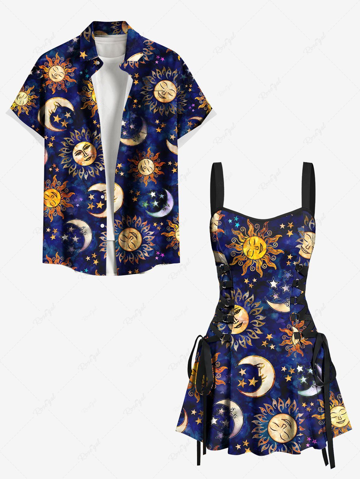 Chic Galaxy Tie Dye Sun Moon Star Print Matching Hawaii Beach Outfit For Couples  