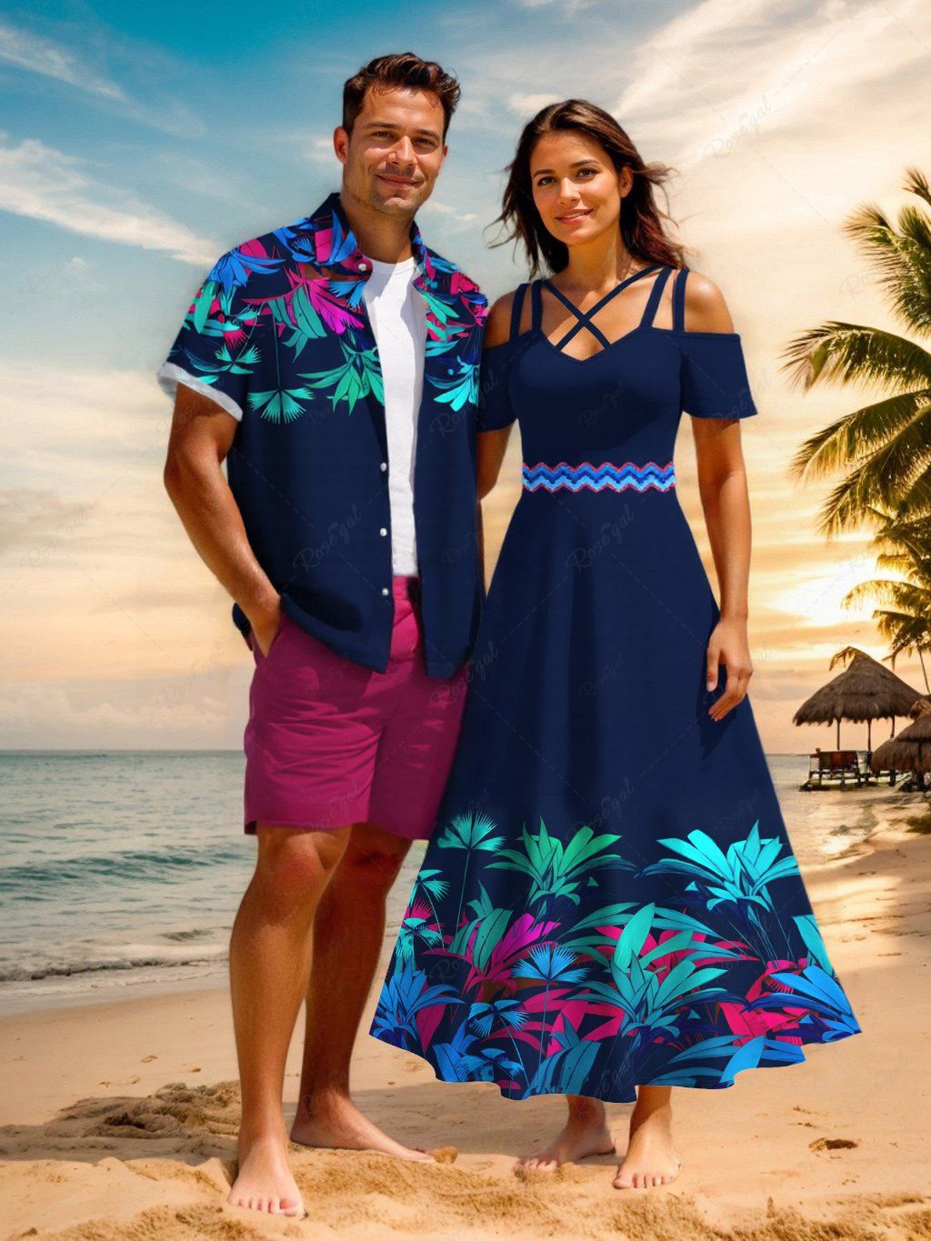 Cheap Tropical Leaf Zig Zag Print Plus Size Matching Hawaii Beach Outfit For Couples  