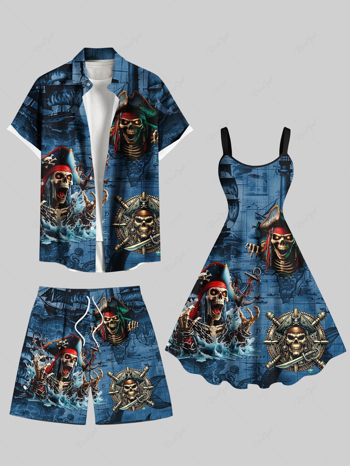 New Skull Pirate Sea Waves Sailboat Print Plus Size Matching Hawaii Cruise Beach Outfit For Couples  
