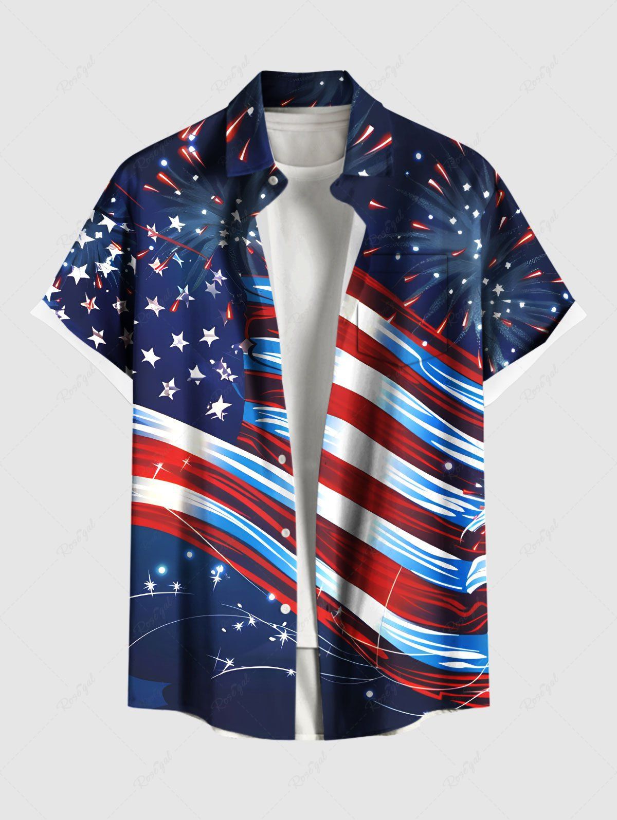 Chemise grande taille à imprimé drapeau américain patriotique et feux d'artifice, avec poches boutonnées, pour homme Bleu profond 5XL