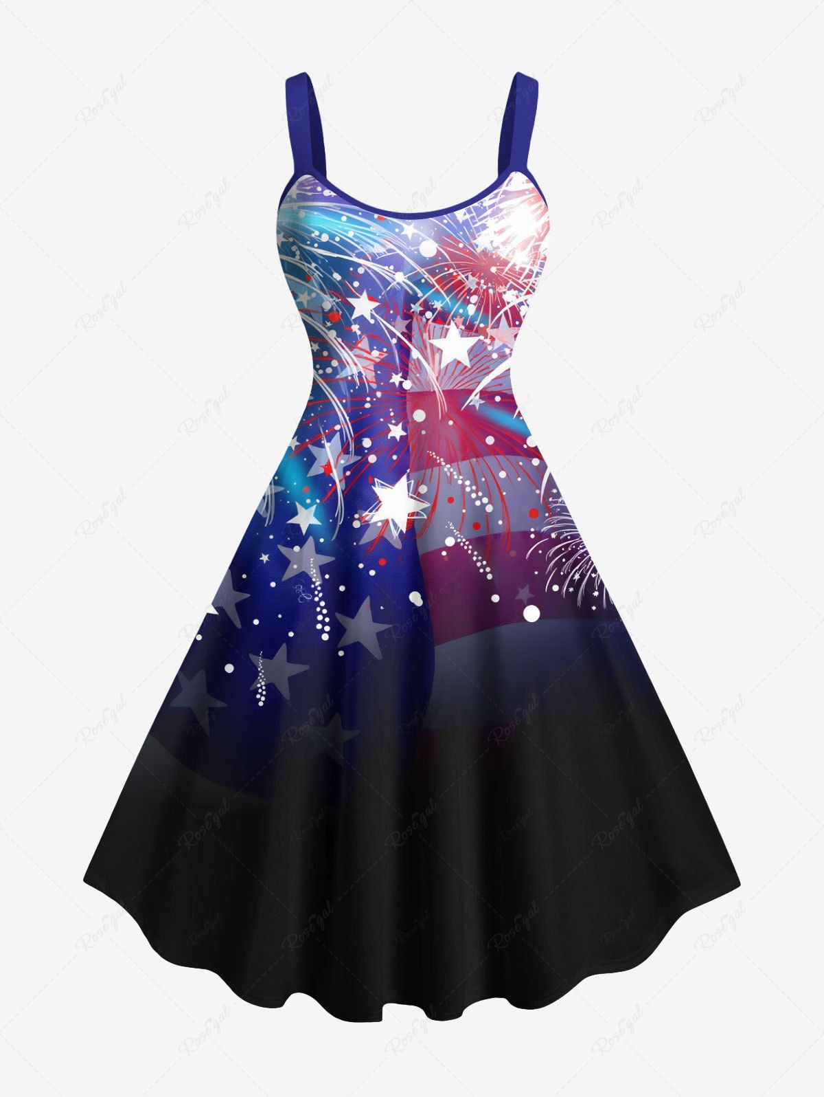 Best Plus Size Ombre Patriotic American Flag Fireworks Print Hawaii A Line Tank Dress  