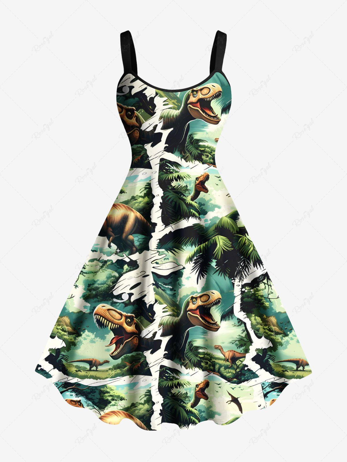 Robe débardeur trapèze hawaïenne grande taille à imprimé cocotiers, dinosaures et forêt Vert XXS