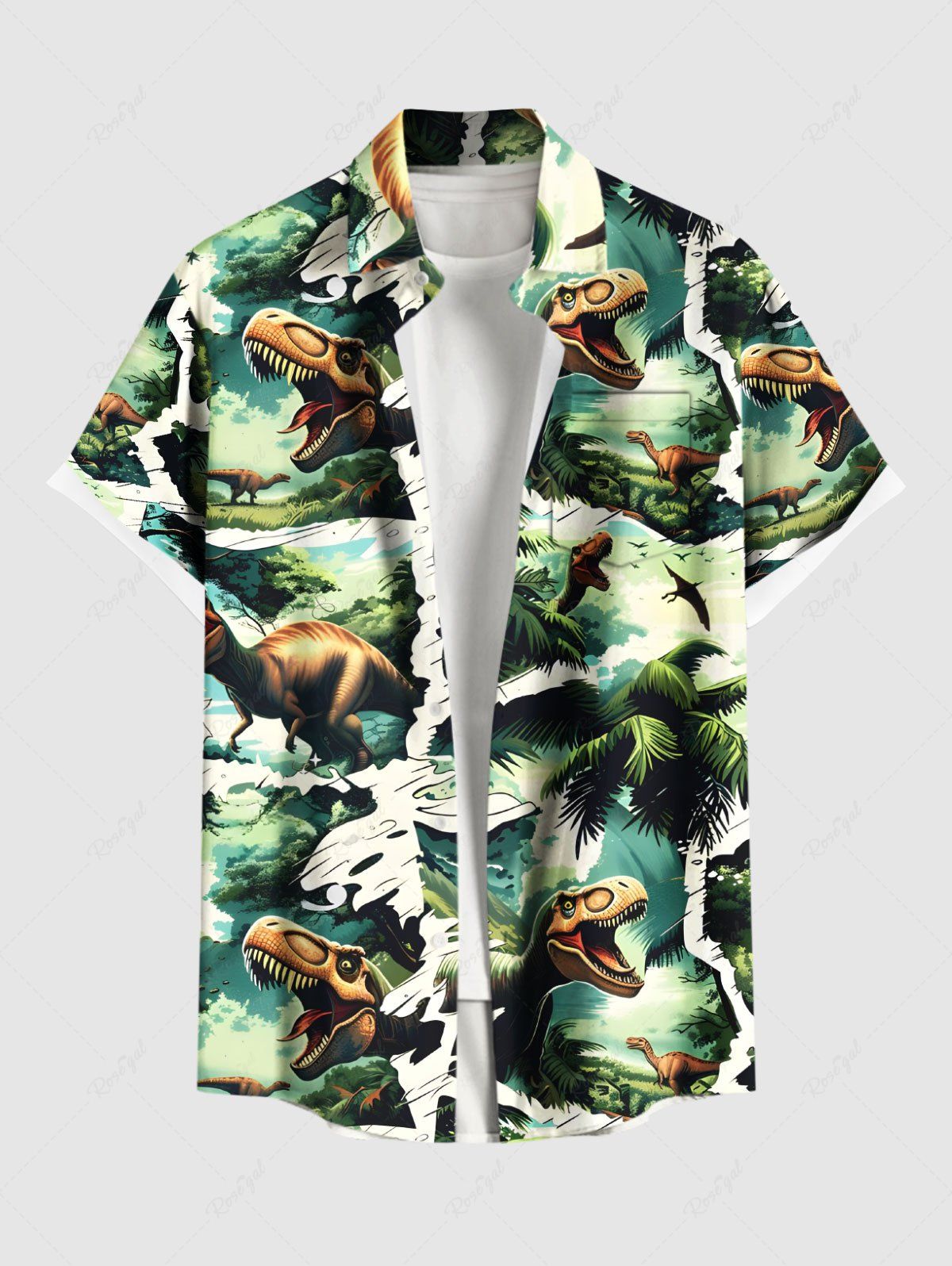 Chemise hawaïenne grande taille à imprimé cocotiers, dinosaures et forêt, avec poches boutonnées pour homme Vert M