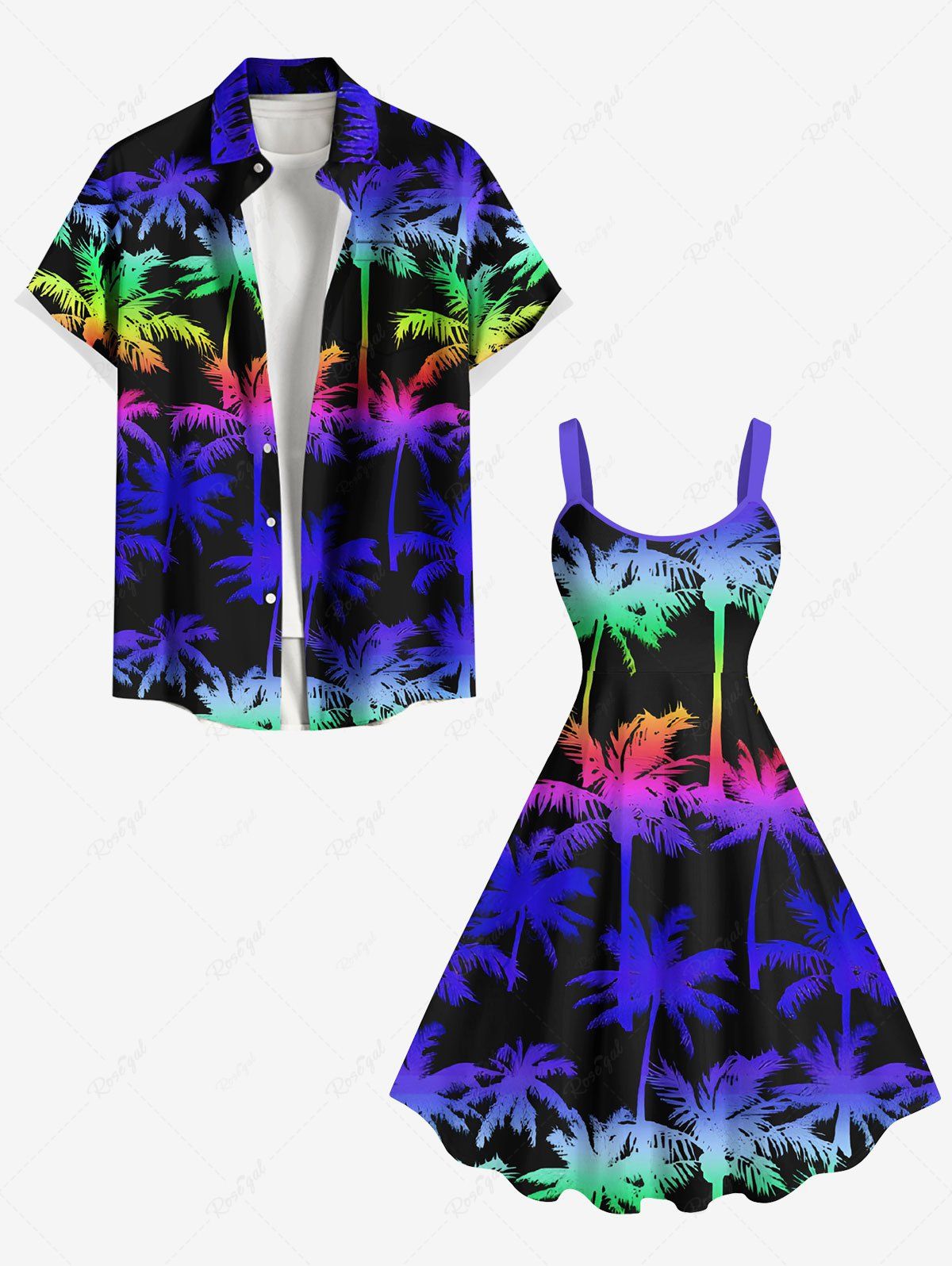 Tenue de plage hawaïenne assortie grande taille à imprimé cocotiers colorés pour couples Bleu 