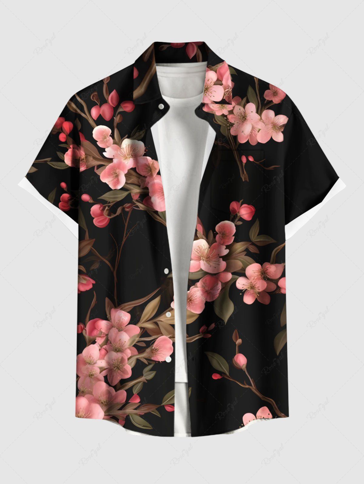 Chemise hawaïenne à boutons et poches, imprimé floral ombré, grande taille, pour homme Noir 5XL