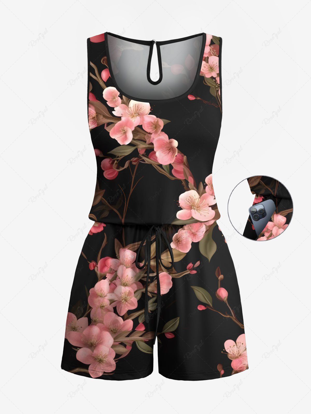 Combinaison hawaïenne grande taille à imprimé floral ombré et branches avec cordon de serrage et poches Noir 3X
