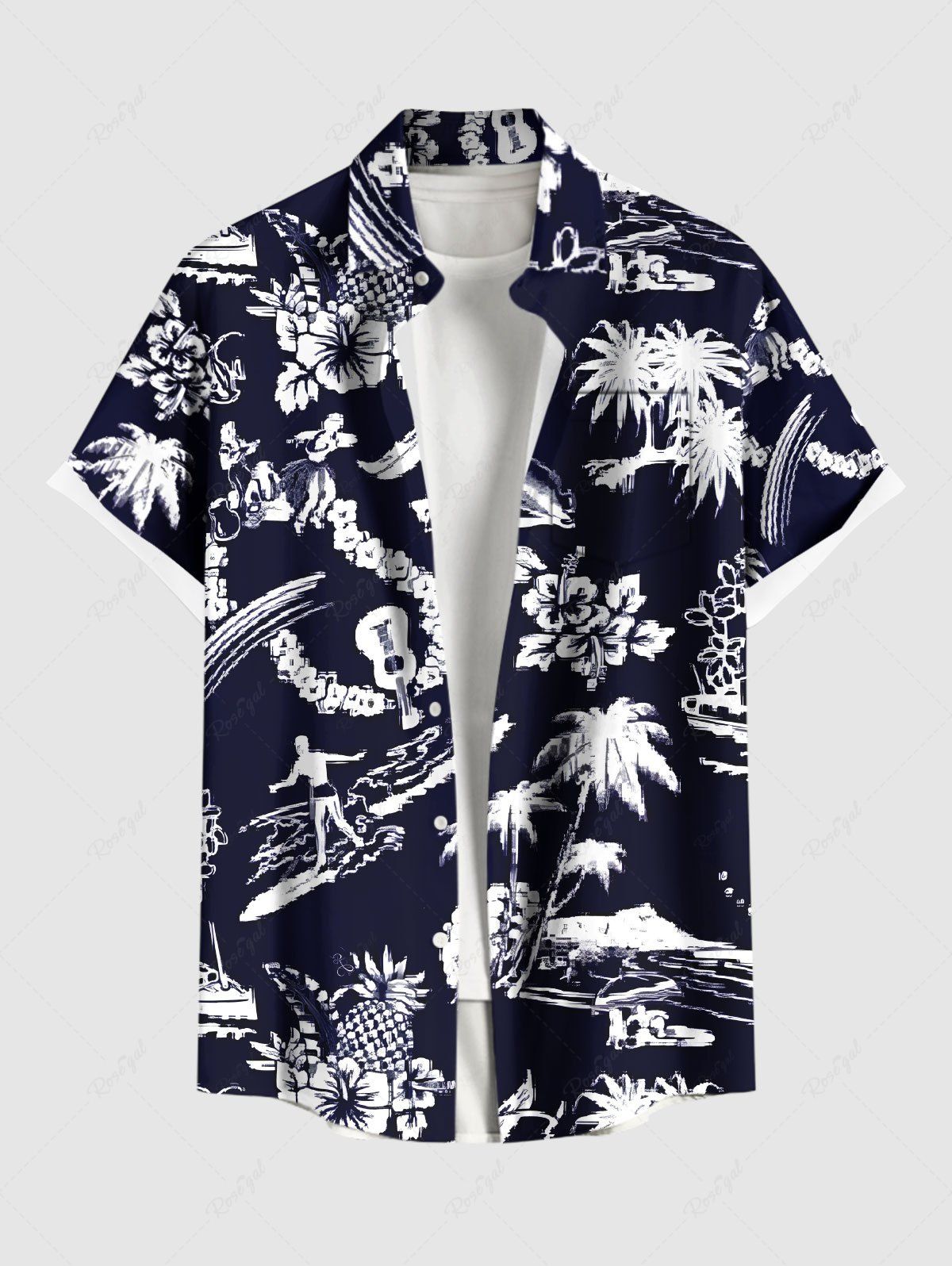 Chemise hawaïenne grande taille à imprimé floral et ananas, motif cocotier, hibiscus marin, avec poches boutonnées, pour homme Noir 4XL