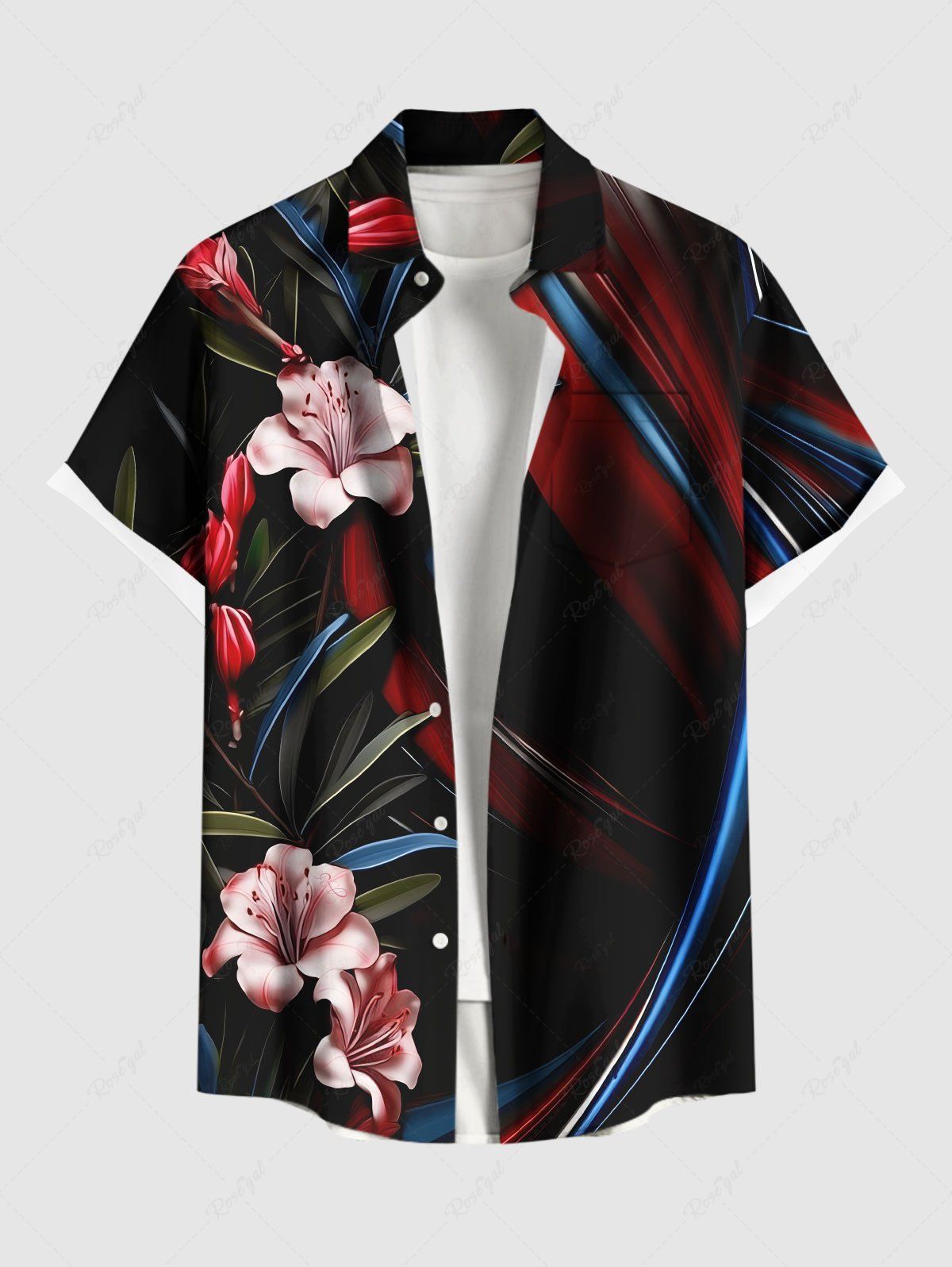 Chemise hawaïenne à boutons et poches pour homme, grande taille, imprimé feuilles florales et ombré Noir 2XL