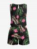 Plus Size Tropical Leaves Floral Print Hawaii Drawstring Pocket Romper - Noir 6X