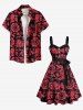 Plus Size Floral Pine Cones Print Hawaii Button A Line Tank Dress with Removable Belt -  