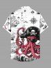 Chemise grande taille à boutons et poches pour homme, motif tête de mort, pieuvre, pirate, voilier, croisière hawaïenne - Blanc 2XL