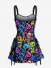 Colorful Skeleton Print Hawaii Lace Up A Line Tank Dress -  