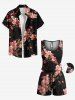Plus Size Ombre Flower Branch Print Hawaii Drawstring Pocket Romper -  