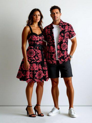 Floral Pine Cones Print Plus Size Matching Hawaii Beach Outfit For Couples - RED