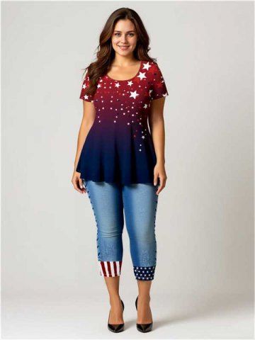Dip Dye Ombre Patriotic American Flag Print T-shirt and Leggings Plus Size Matching Set - RED