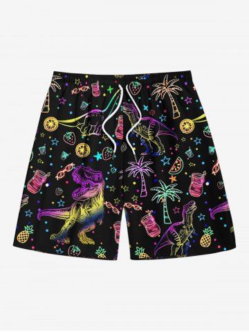 Plus Size Ombre Coconut Tree Dinosaur Watermelon Juice Print Hawaii Drawstring Beach Shorts For Men - BLACK - 7XL