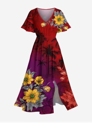 Plus Size Ombre Coconut Tree Floral Print Hawaii Split Pocket A Line Midi Dress - RED - 3X
