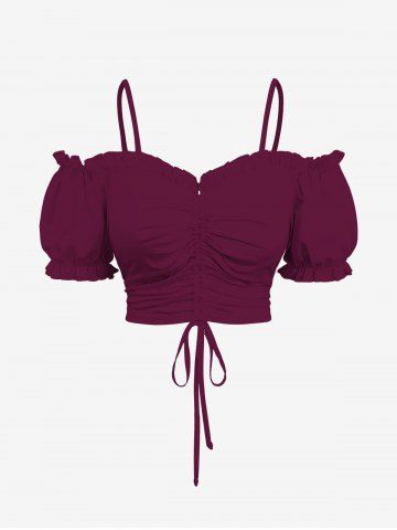 Plus Size Cold Shoulder Puff Sleeve Cinched Solid Top - DEEP RED - 3X
