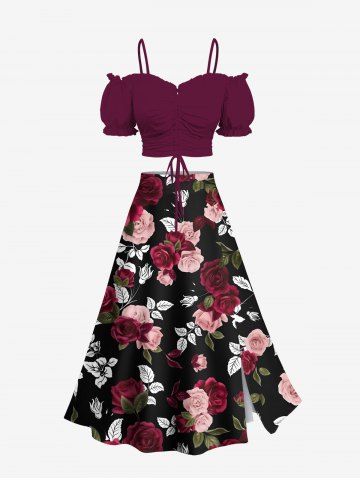Ensemble assorti grande taille avec haut uni cintré à manches bouffantes et jupe trapèze fendue à imprimé feuilles de roses hawaïennes