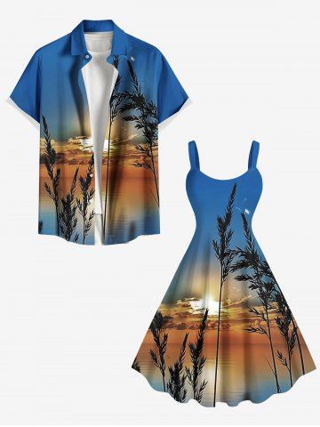 Tenue de plage hawaïenne assortie grande taille, motif coucher de soleil et crépuscule, motif plantes et mer, pour couples