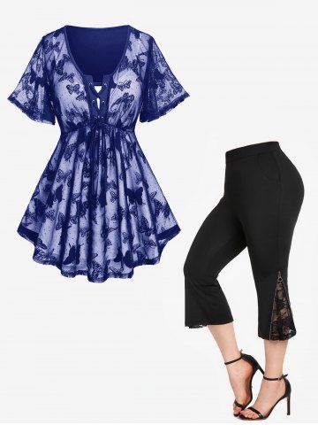Butterfly Overlay Lace-up Twofer Tee and Lace Panel Pull On Pants Plus Size Outfit