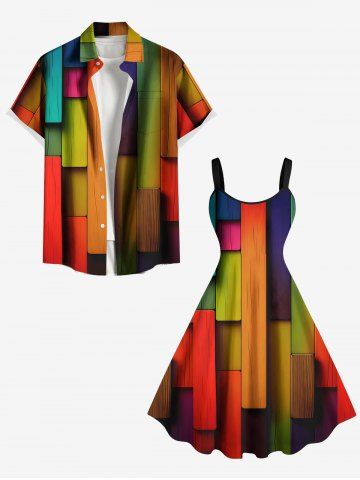 Colored Wooden Blocks Print Plus Size Matching Hawaii Beach Outfit For Couples - MULTI-A