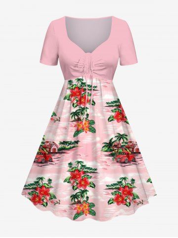 Plus Size Coconut Tree Hibiscus Flowers Car Print Cinched Hawaii Dress - LIGHT PINK - XS