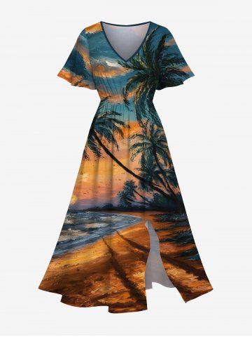 Plus Size Coconut Tree Cloud Seascape Oil Painting Print Split Hawaii Midi Dress - GREEN - 4X