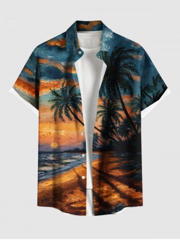 Plus Size Coconut Tree Cloud Seascape Oil Painting Print Buttons Pocket Hawaii Shirt For Men - GREEN - 6XL