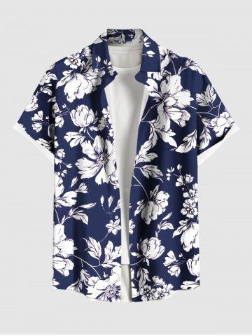 Plus Size Flowers Leaf Tropical Print Buttons Pocket Hawaii Shirt For Men - DEEP BLUE - 4XL