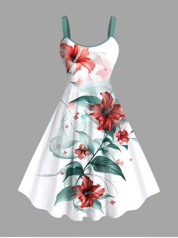 Plus Size Hibiscus Flower Leaf Print Hawaii Tank Dress - WHITE - 6X