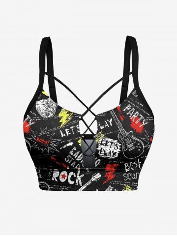 Letters Guitar Graffiti Print Hawaii Rock and Roll Lace Up Tankini Top(Adjustable Shoulder Strap) - BLACK - S