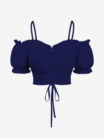 Plus Size Cold Shoulder Puff Sleeve Cinched Solid Top - DEEP BLUE - XS