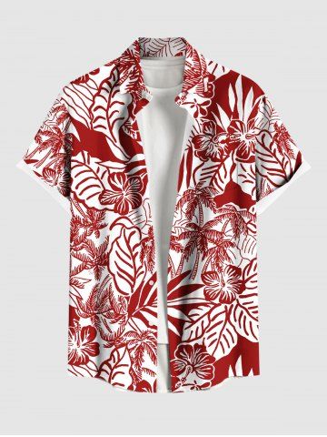 Plus Size Coconut Tree Tropical Leaves Hibiscus Floral Print Hawaii Button Pocket Shirt For Men - RED - 5XL