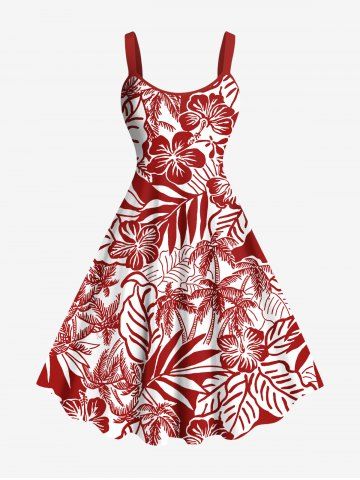 Plus Size Coconut Tree Tropical Leaves Hibiscus Floral Print Hawaii A Line Tank Dress - RED - XS