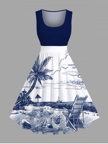 Plus Size Hand-painted Coconut Tree Sea Beach Seascape Cloud Print Hawaii Vintage Swing A Line Dress - DEEP BLUE - XS