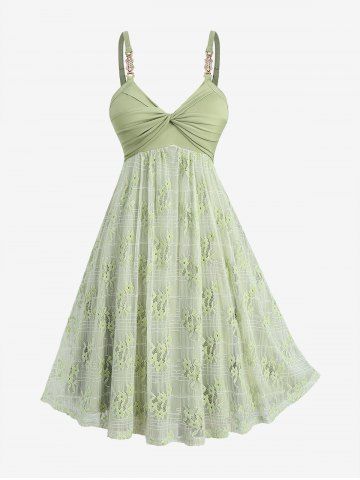 Floral Lace Panel Twist A Line Dress - LIGHT GREEN - XL